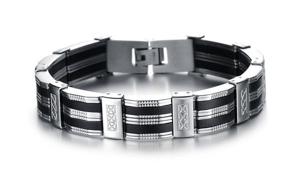 

jewelry accessories men bracelet male brazalet 9.25 inch quality stainless steel & black silicone mens bracelets wristbands