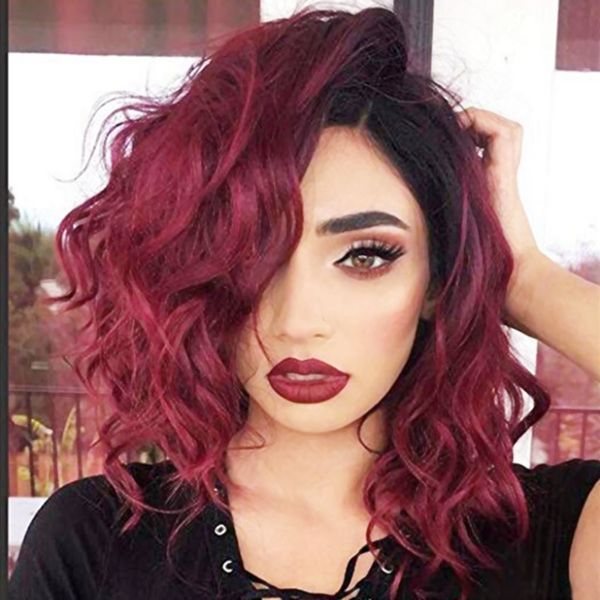 Synthetic Lace Front Wigs Black Roots Ombre Burgundy Shoulder Length 1 99j Loose Curl Black Ombre Wine Red Wigs 16inch 150 Density 260g Curly Lace