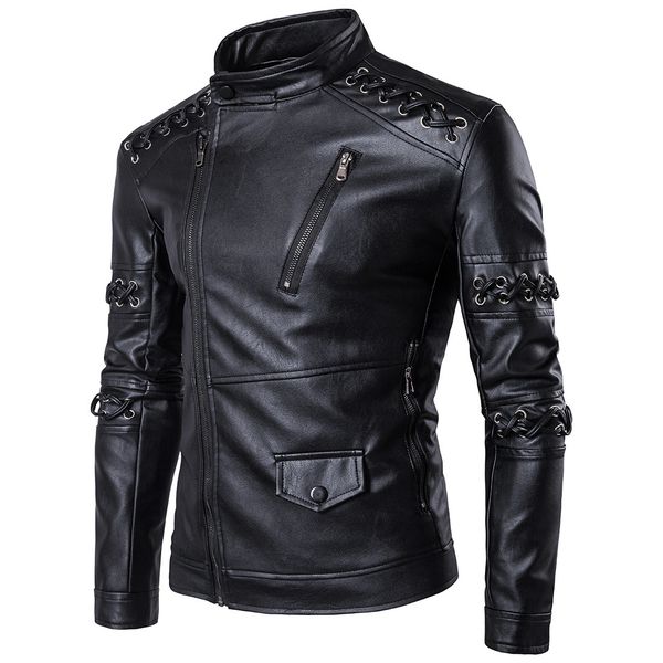

winter ouma new style cool braided rope stand collar men locomotive leather coat slim fit oblique zip-up jacket, Black