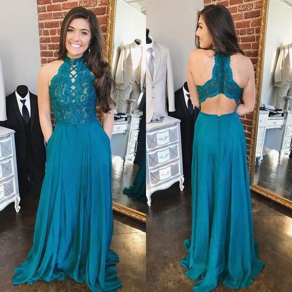 

elegant lace chiffon prom dress halter floor length beaded a line cocktail party dress plus size sleeveless evening party dresses, Black
