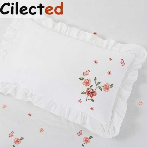 

cilected 1pair white embroidery rose pillowcases cotton ruffles pillow sham cover for girls princess bedding sleep 48*74cm pillow case