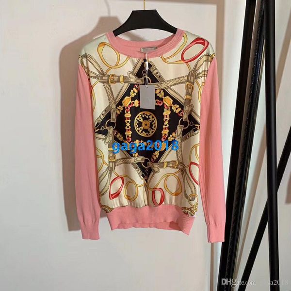 

high end женщины девушка рубашка многоцветный лоскутный принт круглый вырез с длинными рукавами вязаная блузка повседневная толстовка модный, Black