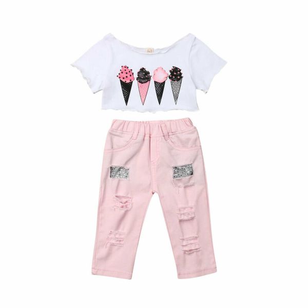 

clothing sets toddler girl clothes 2pcs infant baby ice cream print t-shirt trousers sunsuit set, White