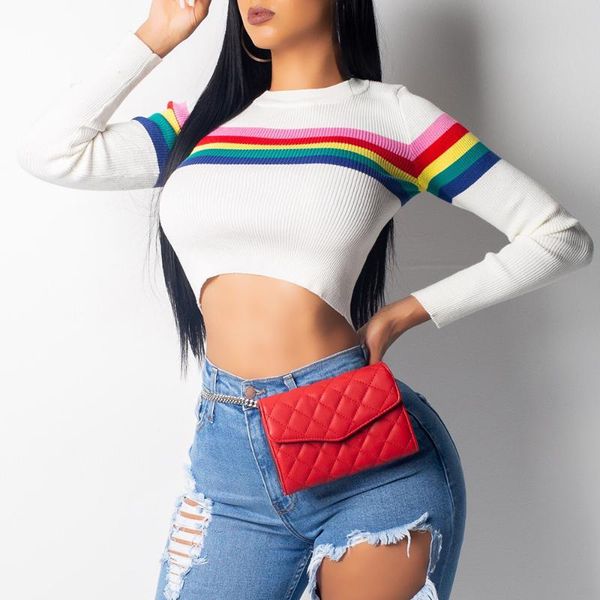 

women's crop spring long sleeves slim casual tees basic striped short t shirt d30, White