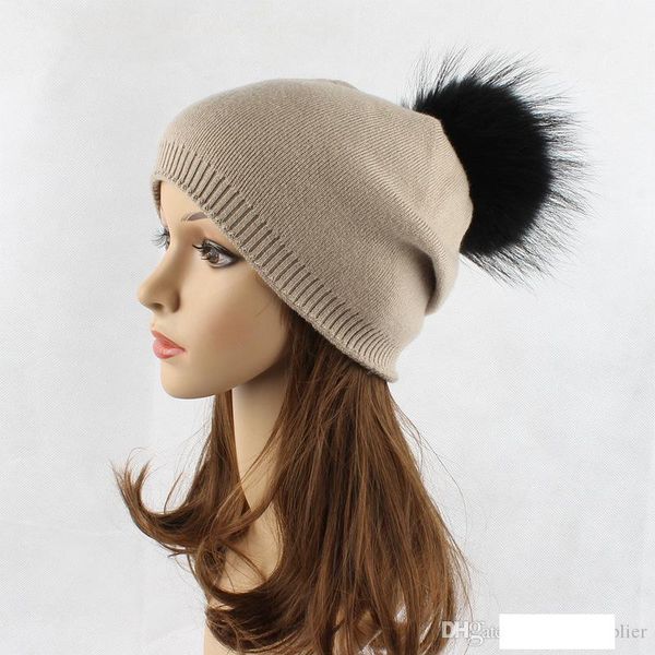 

wool hat ladies autumn and winter dyeing raccoon fur ball knitting hat outdoor warm black hair ball winter hat, Blue;gray