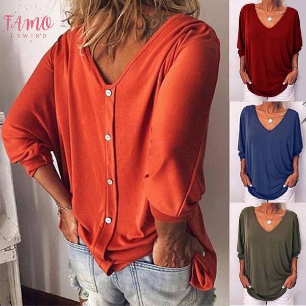 

women casual batwing sleeve blouse loose solid color long sleeve tee lady 2020 v neck back button baggy s, White