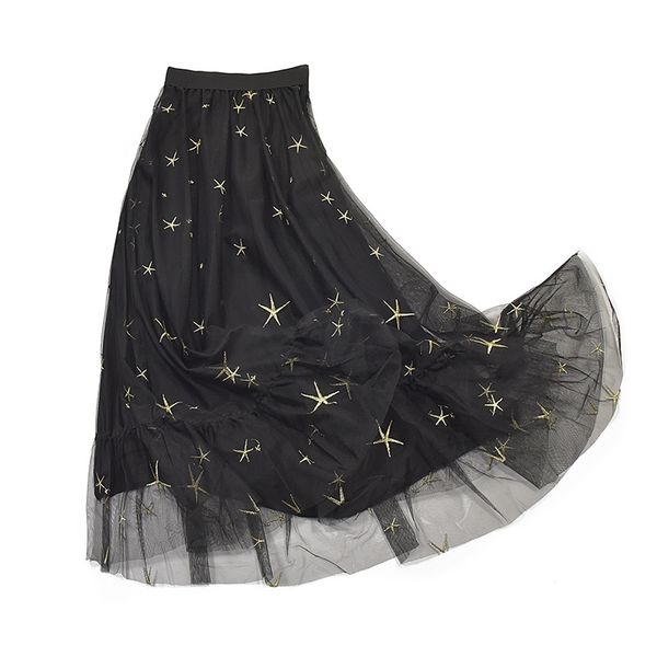 

woman star printing black mesh fashion female pleated skirt spring summer skirts