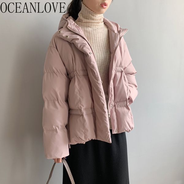 

oceanlove 2019 winter jacket women solid hooded thick parkas korean vintage warm fashion single breasted new coat short 13115, Black