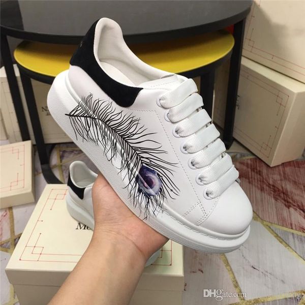 

alexandemcque oversized sneakers white smooth calf leather lace-up feather print with violet suede heel trainers shoes with original box, Blue;gray