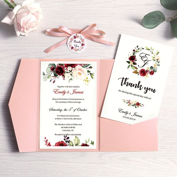 

2020 wedding invitations pink blue burgundy pocket greeting cards with envelope customized party with ribbon and tag short description