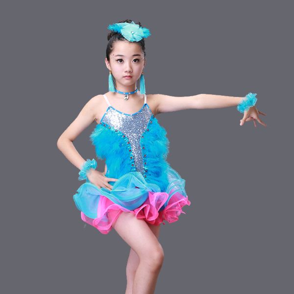 

children's dance clothes new girls feathers latin dance costumes children's game strap dress fluffy skirt performance clothing, Black;red
