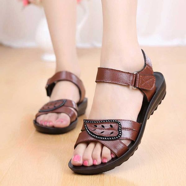 

flat sandals women leather sandals for mother summer beach shoes hook-loop ladies casual shoes basic, Black