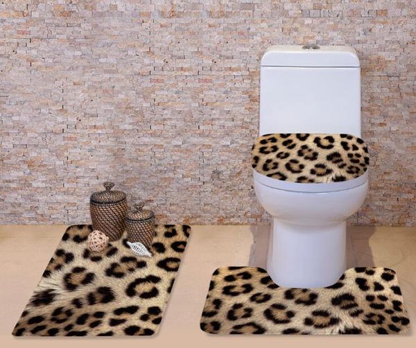 

3d leopard grain toilet cover mat set flannel bathroom non-slip pedestal rug + lid toilet cover + bath mat washable set