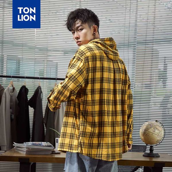 

tonlion желтый и черный с капюшоном клетчатой ​​рубашки мужчины с капюшоном мода длинного рукав снимите повседневные топы с hat cap 2020 вес, White;black