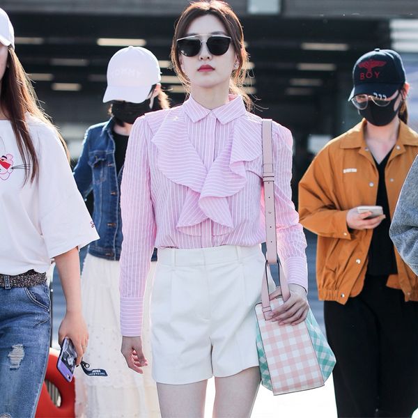 

pink striped lotus leaf shirt fresh temperament woman 2019 striped turn-down collar full woman clothes shirt, White
