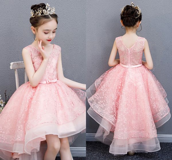 

2020 latest arrival pink lace flower girls dresses high low bow belt kids pageant gowns christmas party dresses, White;blue