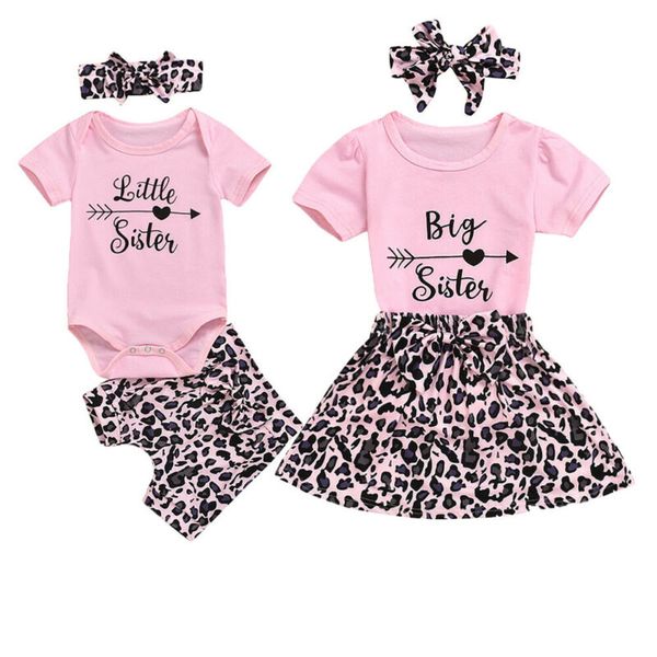 

3pcs baby girl outfits big sister t-shirt little sister romper pants/skirt sets, White