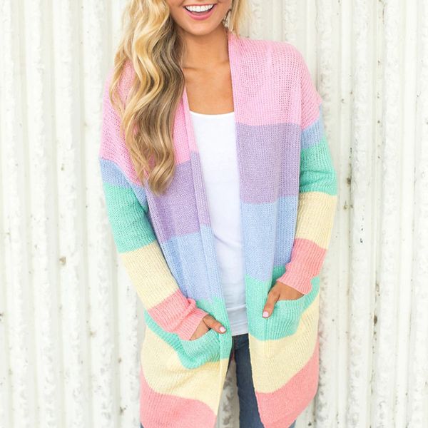 

Candy Color Stripes Womens Knit Cardigans Sweet Spring Autumn Long Sleeve Slim Fit Knitwear Fashion No Buttons Knitted Cardigan S-3XL