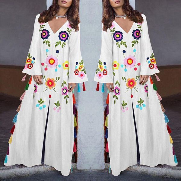 

womens designer casual dress fashion print tassel bohemian dresses loose bell sleeve floor length female clothing, Black;gray