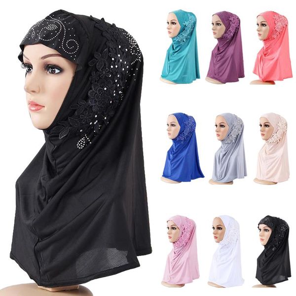 

ethnic clothing one piece amira hijab muslim women lace headscarf rhinestone shawl wrap arab islamic prayer hijabs full cover scarf ramadan, Red