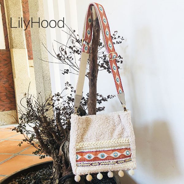 

cute embroidery faux fur shoulder bag girly 2019 female boho chic gypsy hairy messenger bag with pom pom details wide strap