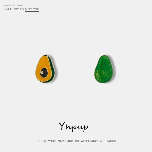 

yhpup personality cute asymmetry green avocado stud earrings enamel small earring s925 jewelry for women party jewelry gift 2019, Golden;silver