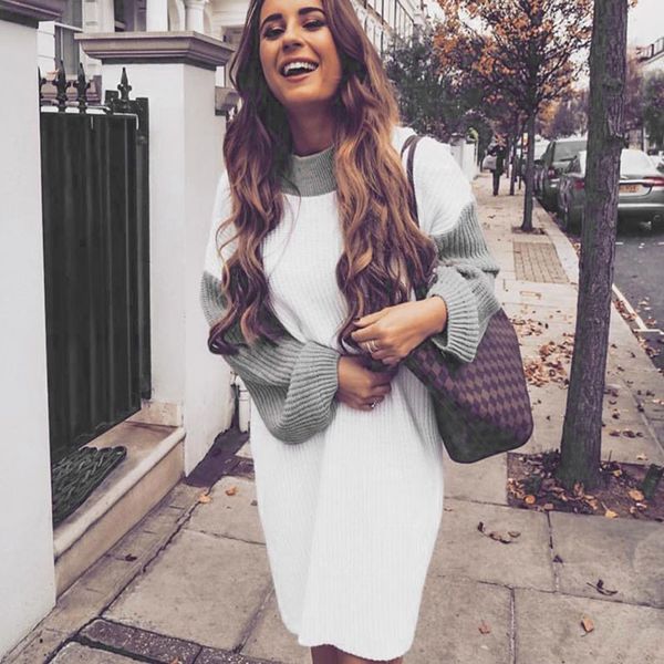 

autumn 2019 winter clothes fashion women long sweater casual color blocking full sleeve turtleneck lazy loose sweater pull femme, White;black