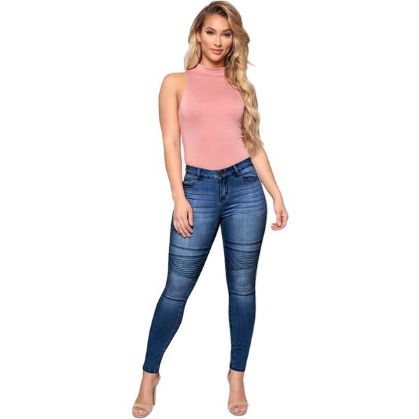

women jean high waist jeans woman high elastic stretch jeans female washed denim skinny pleated pencil pant plus size, Blue