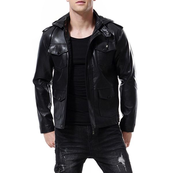 

fall and winter 2019 black color fashion men's locomotive style clothes with hat men's leather jacket m-5xl large sizes