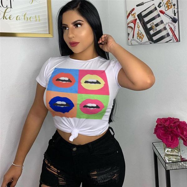 

printed womens tshirts casual crew neck white tees summer versatile matching short sleeve colorful lips
