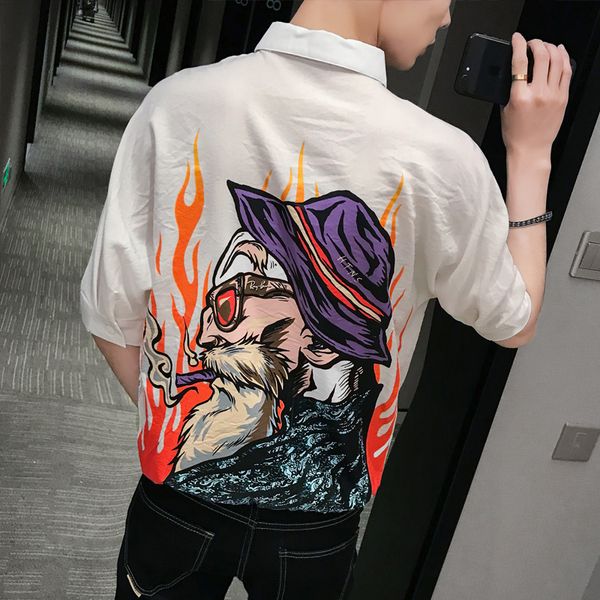 

wind short-sleeved set loose header sleeve set 5 minutes of sleeve stripe coat a236-7005 - p50 headdress flower men shirt, White;black