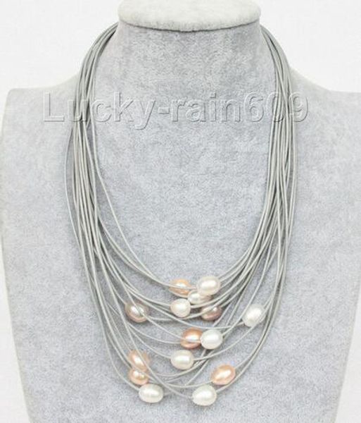 

17 "-24" 13mm 15row white pink purple fw pearls gray leather necklace e2369, Silver