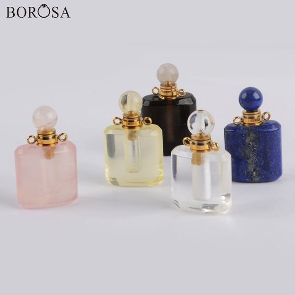 

borosa new arrival gold multi kind natural stone perfume bottle connector essential oil bottle pendants for necklace wx1188, Silver
