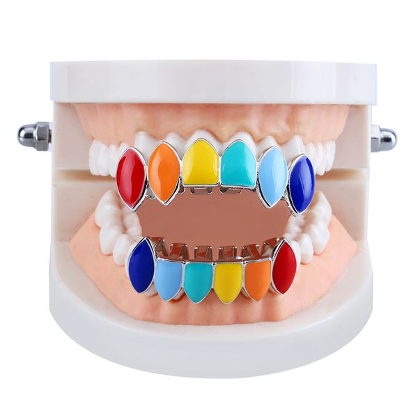 Gold Silver Cor Grills Teeth Hip Hop Jewelry Oil colorido Pintura TopBottom Grills Set for Hop presente Homens Mulheres Hip