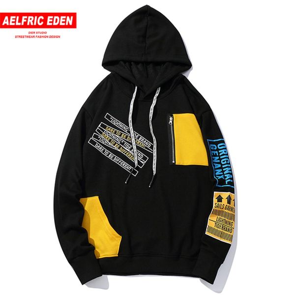 

aelfric eden patchwork printed mens hooded sweatshirts 2019 harajuku streetwear hoodies fashion hip hop casual cotton pullovers, Black