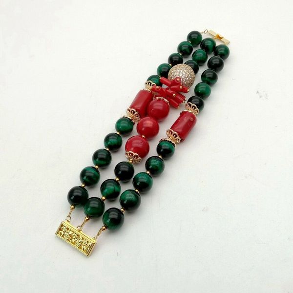 

8" 3 strands green tigers eye red coral cz pave beads bracelet, Black