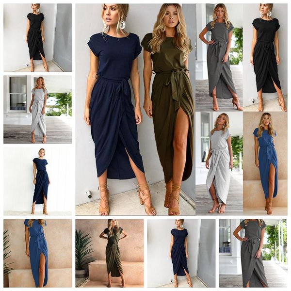 

european-style spring and summer new solid color short-sleeved hooded irregular belt casual dress, support mixed batch, Black;gray