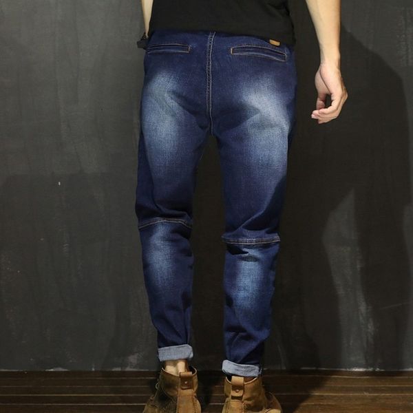 

fashion mens loose fit harem pants plus size 7xl elastic waist jeans casual streetwear hip hop long joggers pants denim, Blue