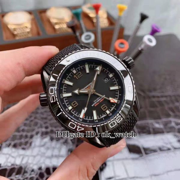 

new 45.5mm ocean 600m gmt automatic mens watch ceramic bezel 215.92.46.22.01.001 gents sport watches nylon rubber strap, Slivery;brown