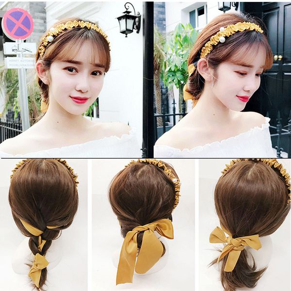 

fashion womens pro headband bow knot cross satin material pearl headwrap hair band hoop hair band flower 2019 new arrival, Brown