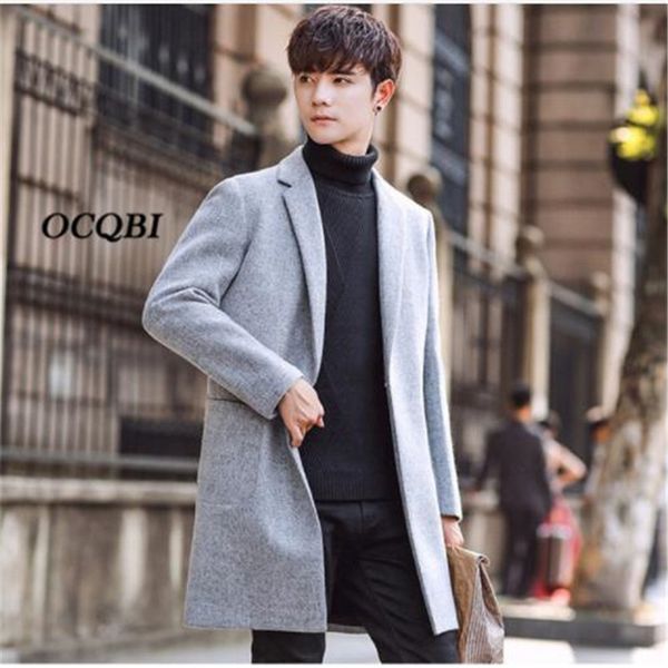 

plus siez 3xl 2018 slim smart casual korean style wool mens coats overcoats fashion winter dress coat mens, Black