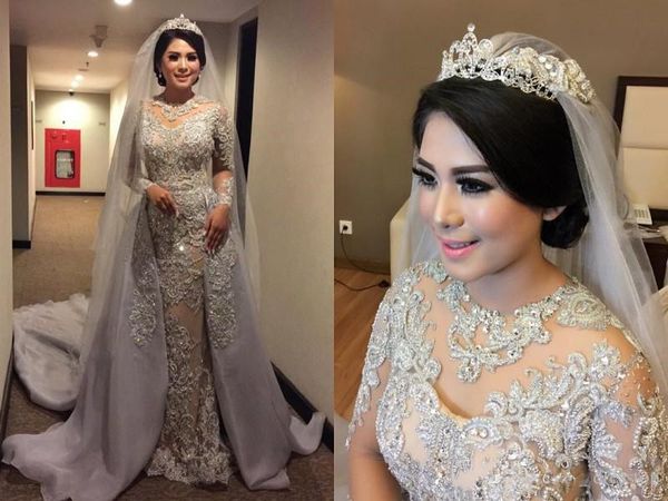 

2019 новый роскошный съемный поезд русалка свадебные платья аппликация труба свадебные платья jewel декольте свадебное платье с длинными рук, White