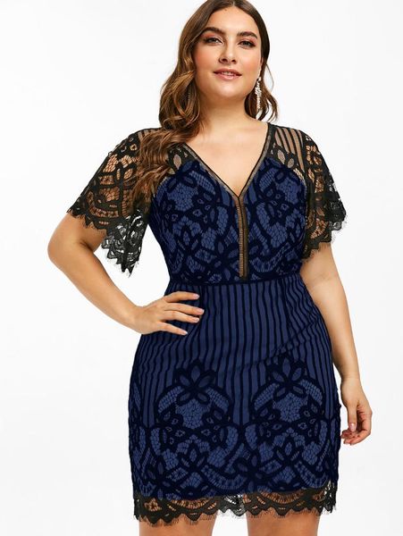 

wipalo plus size lace plunge summer short sleeves v-neck high waist stripe women party dress mini fitted dress bodycon vestidos, Black;gray