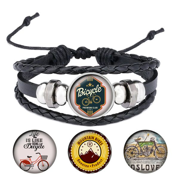

bicycle charm bracelet cothic punk black leather bangle jewelry round glass dome cabochons accessories men giftsb059