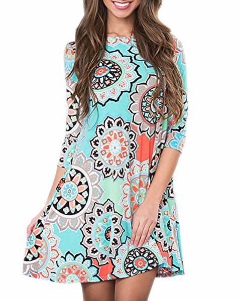 

imysty womens casual tunic dress 3/4 sleeve boho print t-shirt dress with pockets, Black;gray