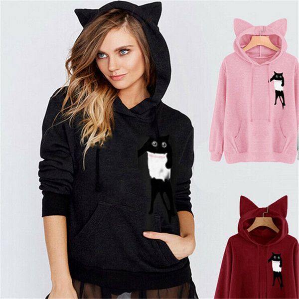 

sweet kawaii animal print hoodies women cat ear sweatshirts autuumn warm cool pullover hooded binding hem sweatshirt selling, Black