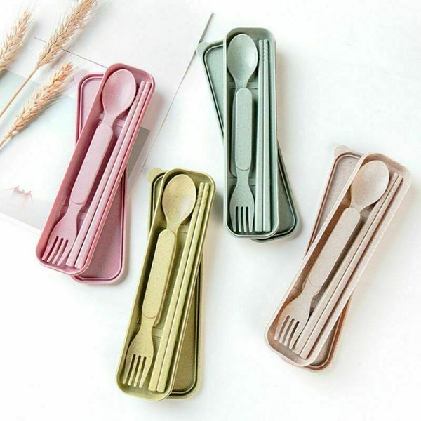

portable reusable spoon fork travel chopsticks wheat straw tableware cutlery set multi-color option spoon fork chopsticks kits