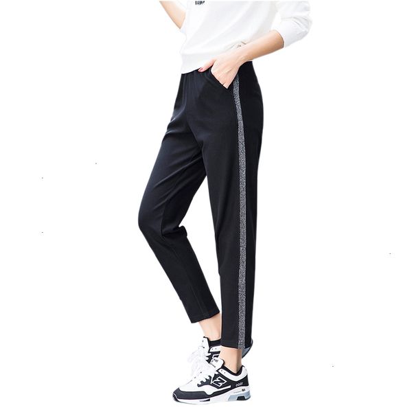 

joggers fleece autumn women silver striped sweatpants ankle length high waist casual harem pants women trousers pantalones mujer, Black;white