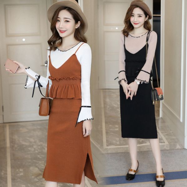 

knitted women's sweater two piece set and drerss sweet suspender dress for women korean woman suit women 2 sets clothing, White