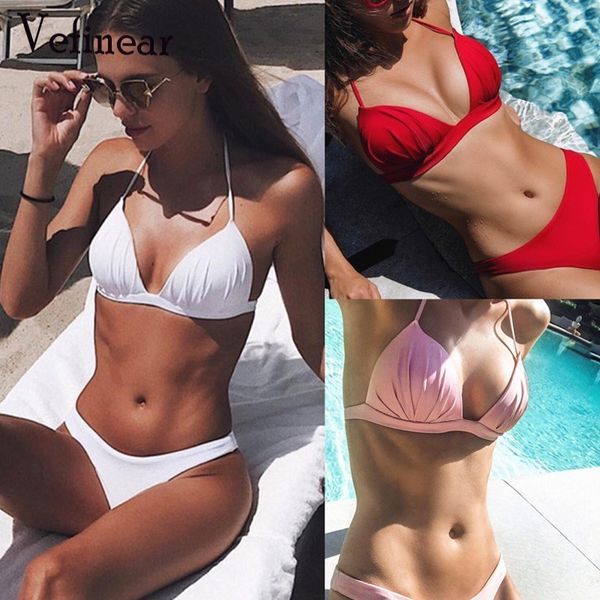 

vefinear new bikini set pink swimwear women swimming suit push up bikinis solid bathing suit beachwear red biquinis, White;black